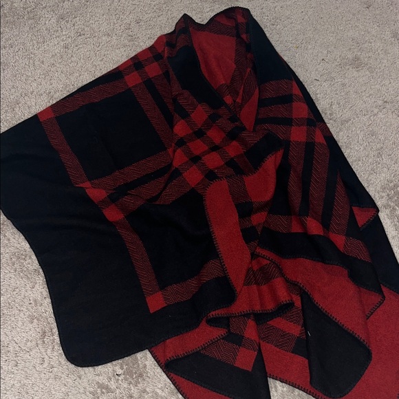 Sweaters - Plaid Red and Black Reversible Poncho/Shawl